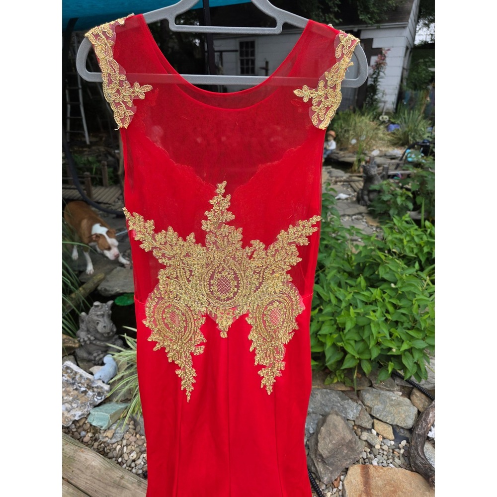 Grace Karin Red Gold Lace Embroidered Evening Gown Sleeveless Formal Prom Dress - Picture 7 of 10